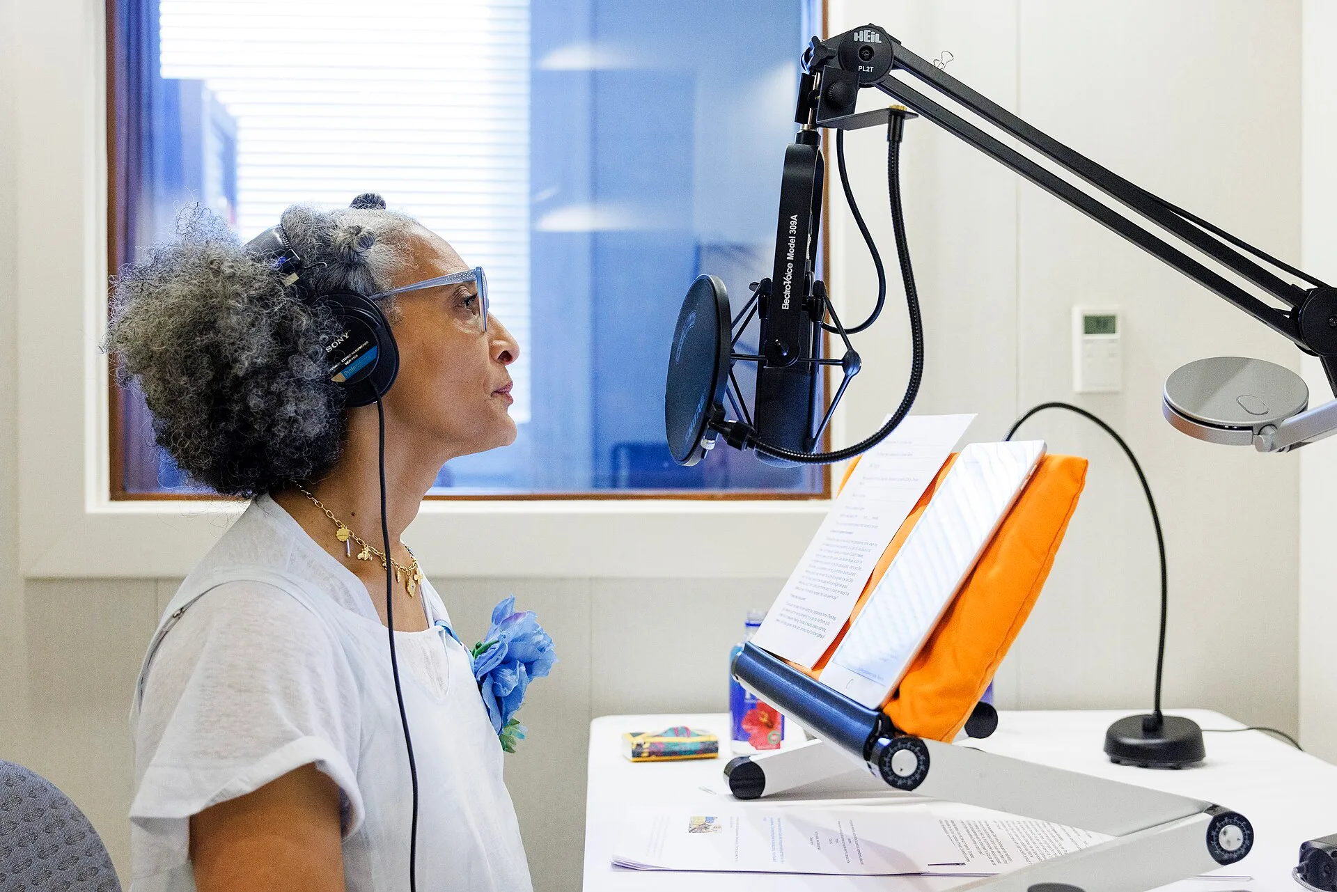 Chef Carla Hall records audio versions of her books in the studio for the National Library Service for the Blind and Print Disabled, August 21, 2026. Photo by Shawn Miller/Library of Congress. Note: Privacy and publicity rights for individuals depicted may apply. How US copyright and work-for-hire rules shape audiobook publisher contracts