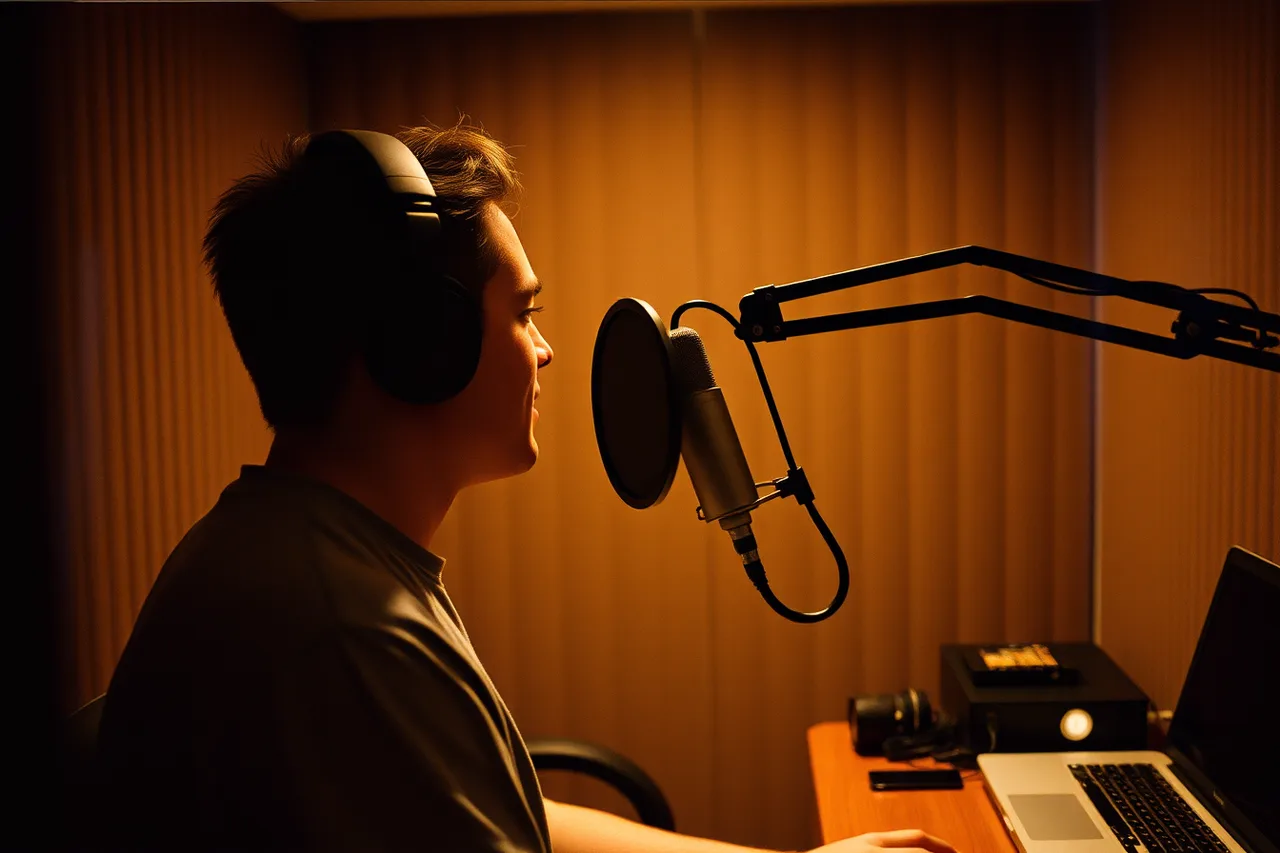 Voice actor in a home booth speaking into a condenser microphone (Which markets actually fit a growing voiceover business)