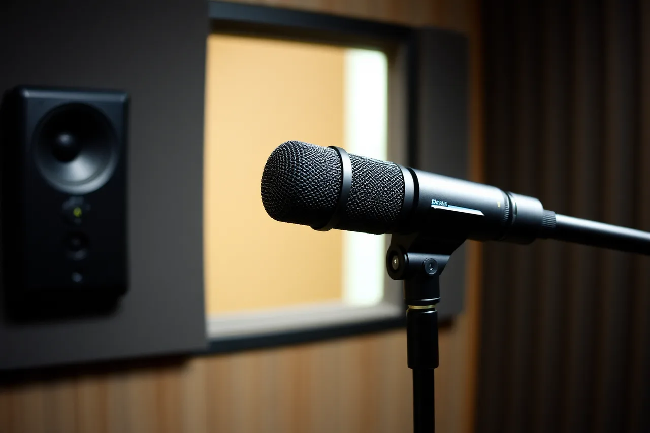 Sennheiser MKH 416 shotgun microphone on a boom in a booth (Voiceover creation tools judged on daily use)