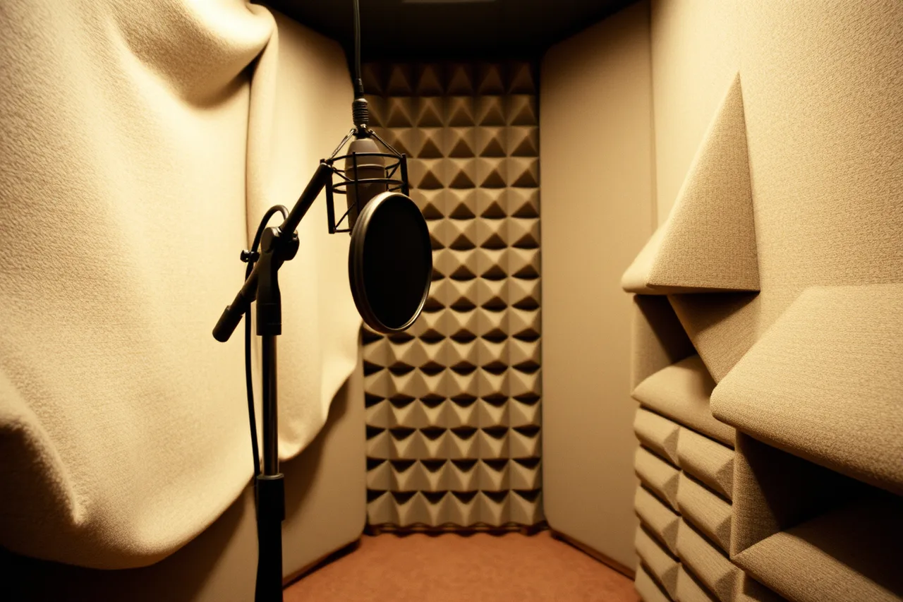 Voiceover booth with moving blankets, corner bass traps, and a mounted condenser microphone (Voiceover production setup: the practical version)