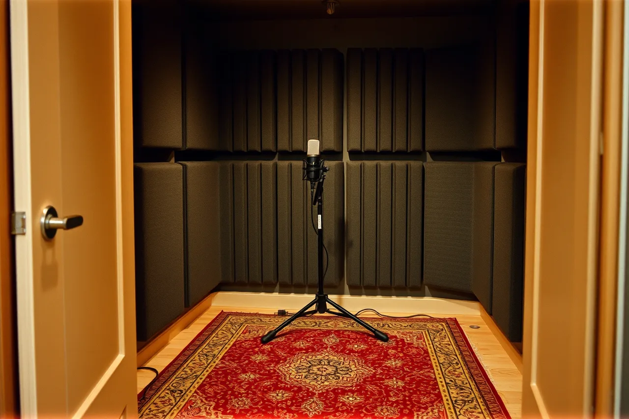 Absorption panels and rug treating a small closet voiceover booth (The honest guide to voiceover production tools)