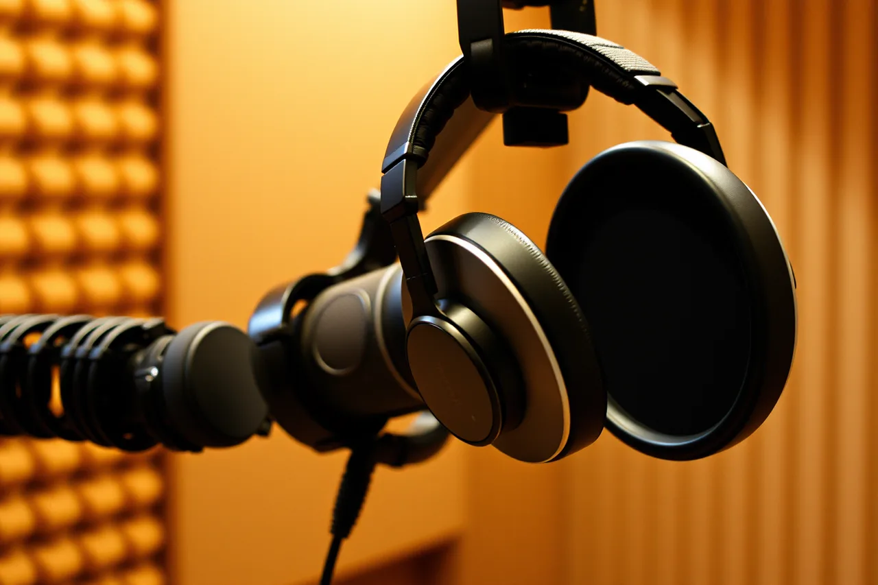 Closed-back studio headphones hanging on a mic stand in a booth (The honest guide to voiceover production tools)